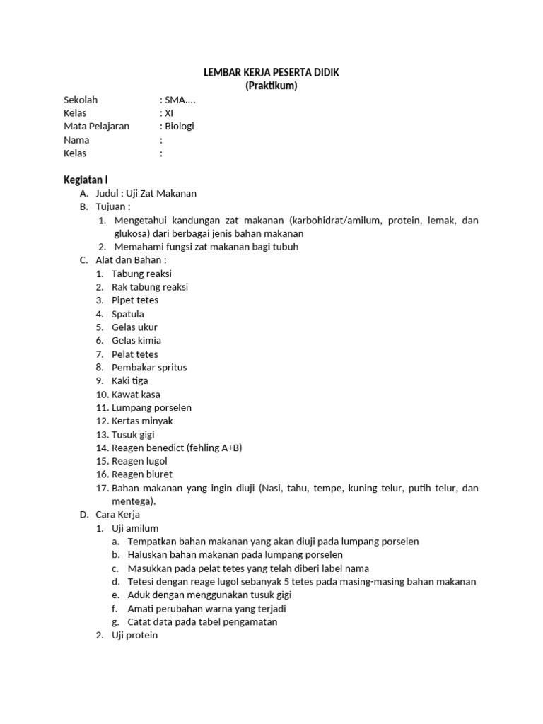 Uji Zat Makanan Kelas 8 Pdf
