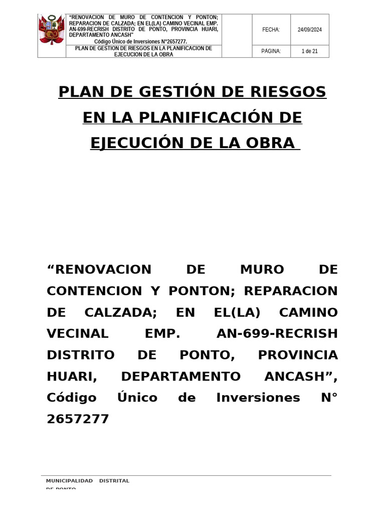 Plan De Gestión De Riesgos En La Planifiación De Ejecución De La Obra