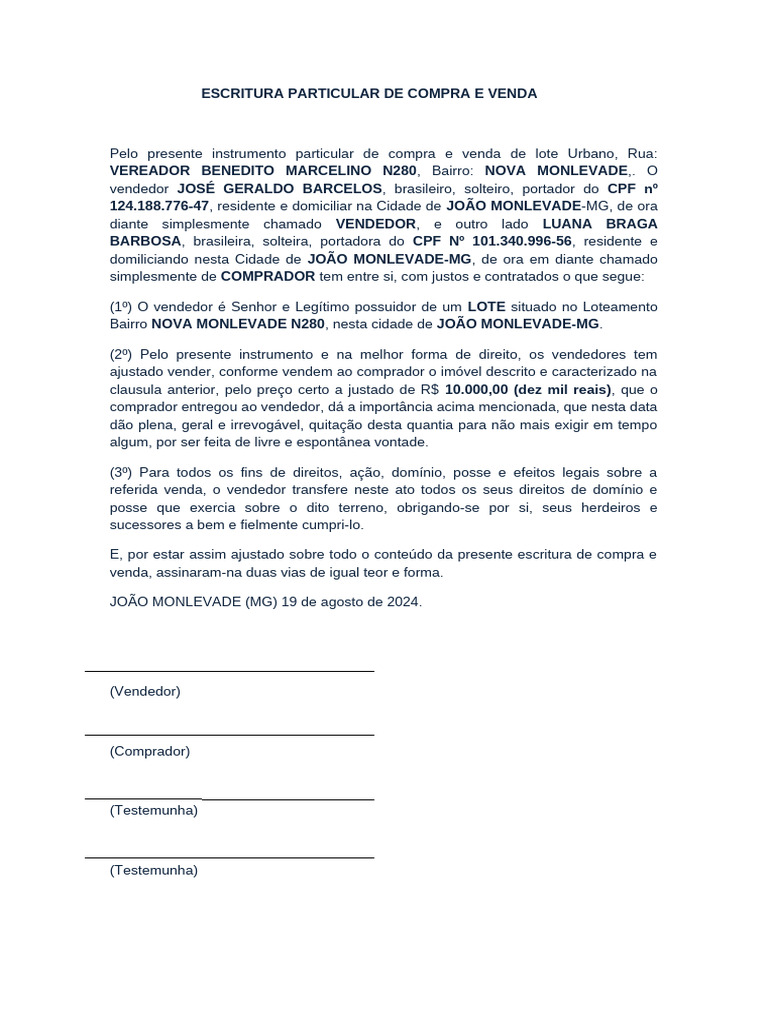 Escritura Particular de Compra e Venda | PDF