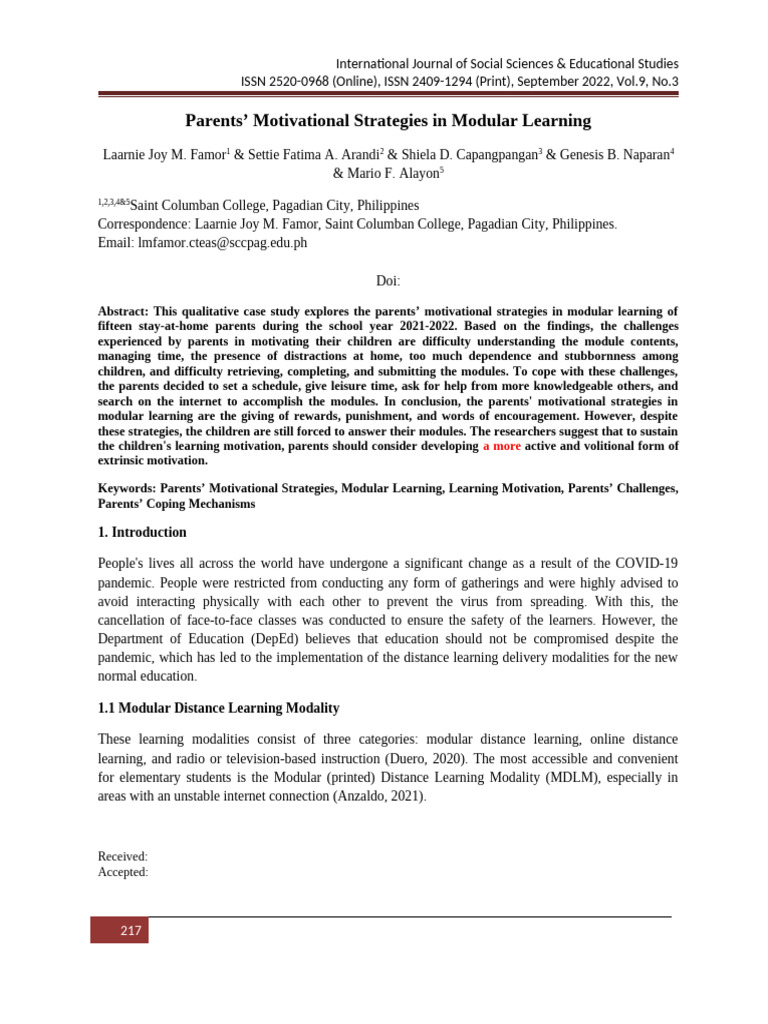 Parents' Strategies for Modular Learning | PDF | Motivation | Motivational