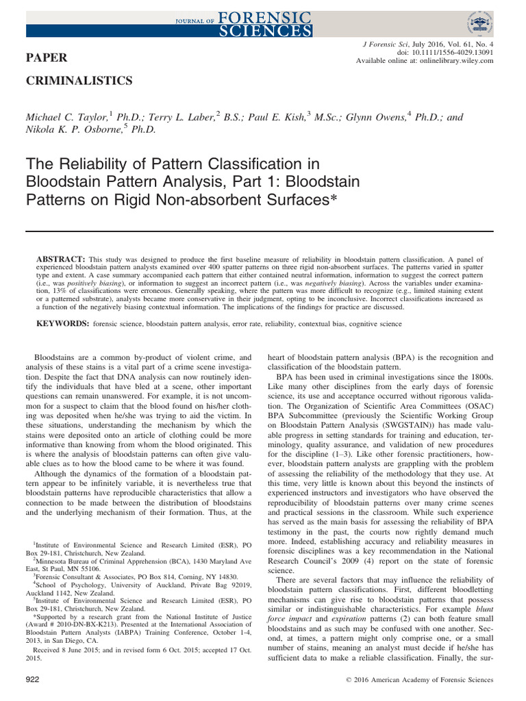 Bloodstain Pattern Analysis Reliability Study | PDF | Forensic Science