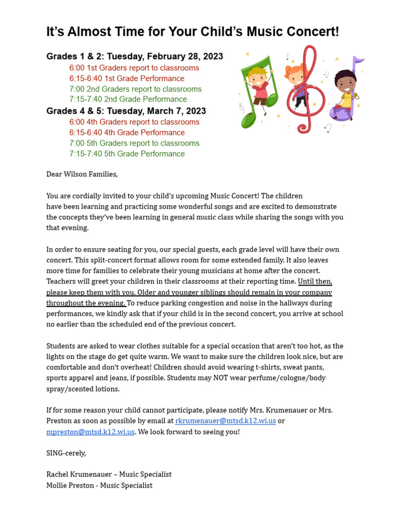 Upcoming Music Concerts for Grades 1-5 | PDF