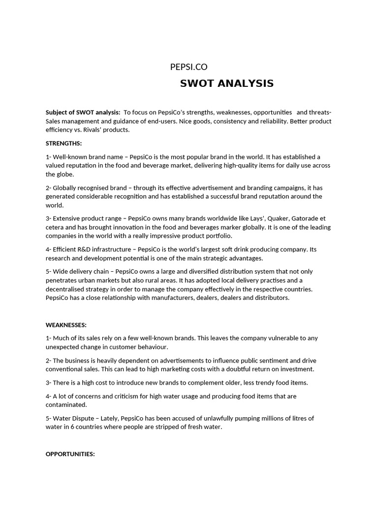 Swot of Pepsico | PDF | Pepsi Co | Brand