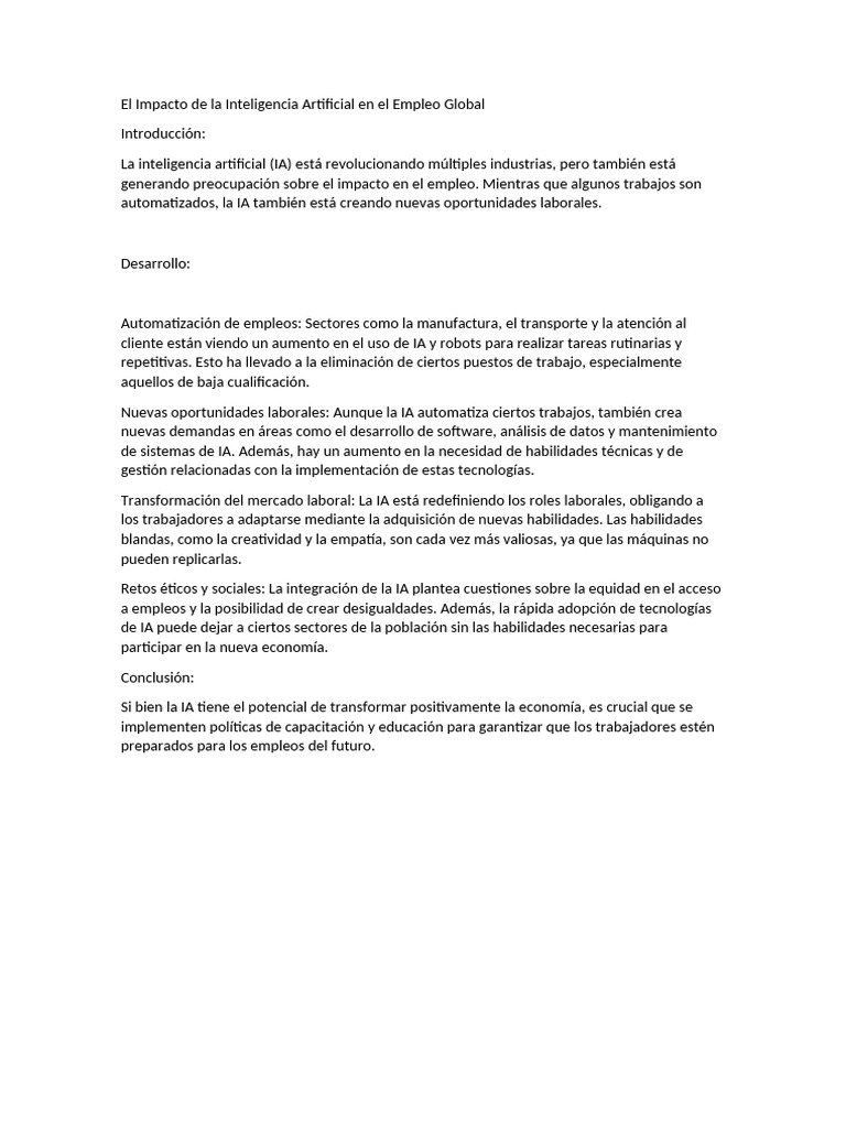 El Impacto de La Inteligencia Artificial en El Empleo Global | PDF