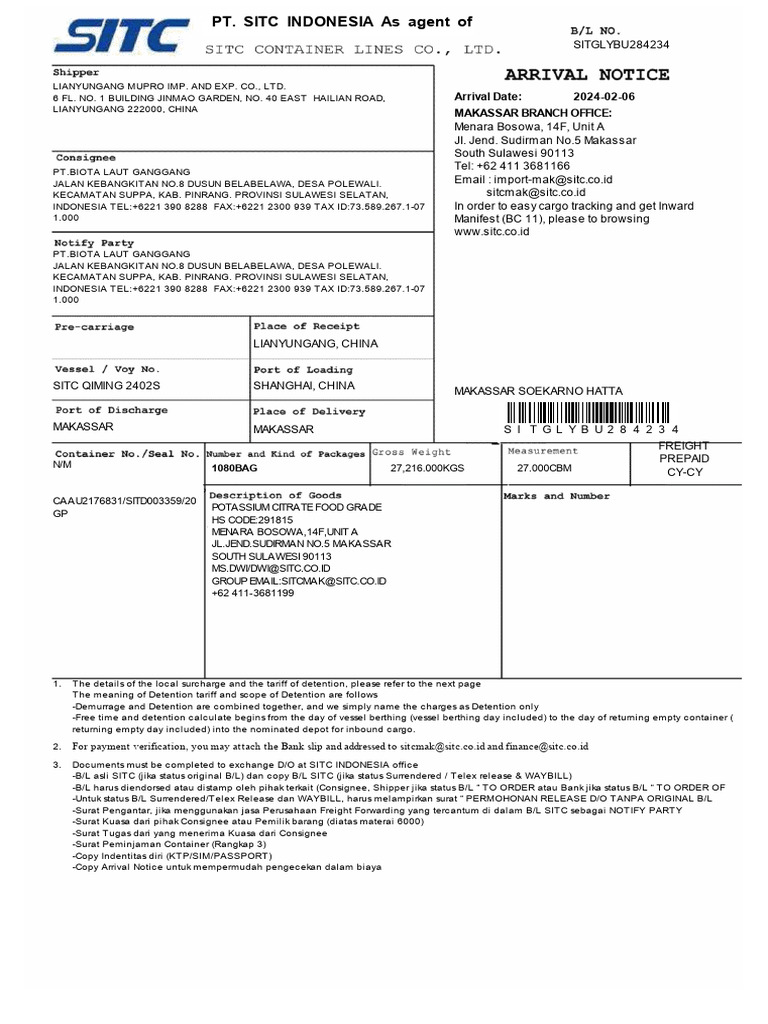 Arrivalnotice Sitglybu284234 | PDF | Transport | Consumer Goods