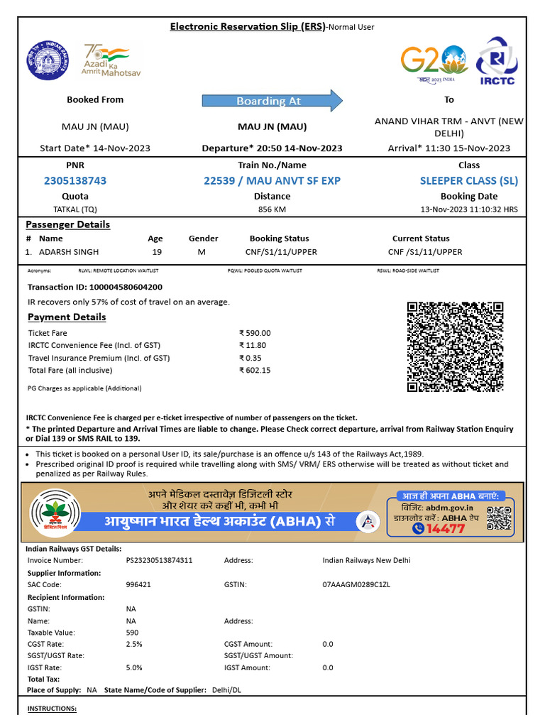 Mau Anvt SF Exp Sleeper Class (SL) | PDF | Identity Document