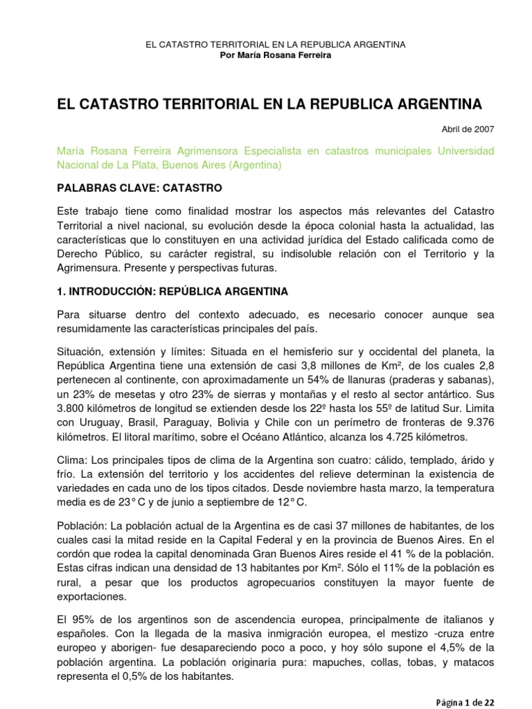 El Catastro Territorial en La Republica Argentina | PDF