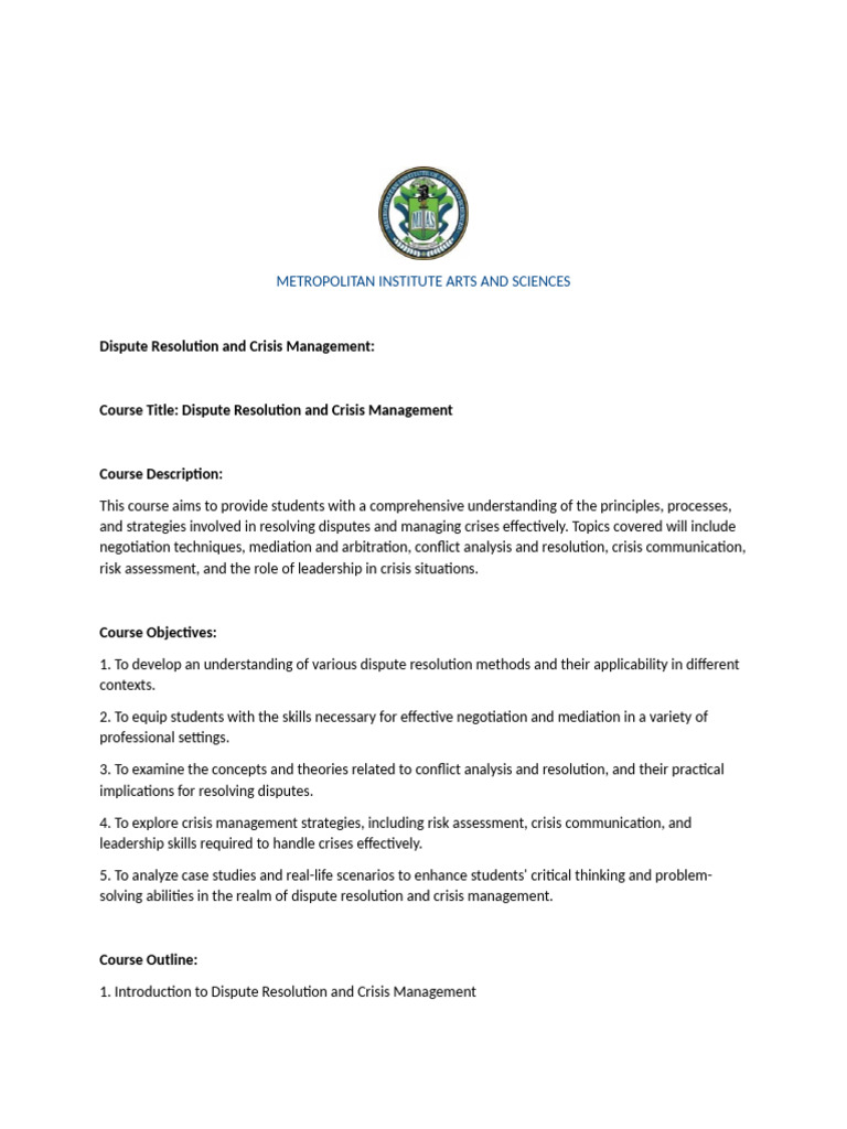 Dispute Resolution & Crisis Management Course | PDF | Mediation ...