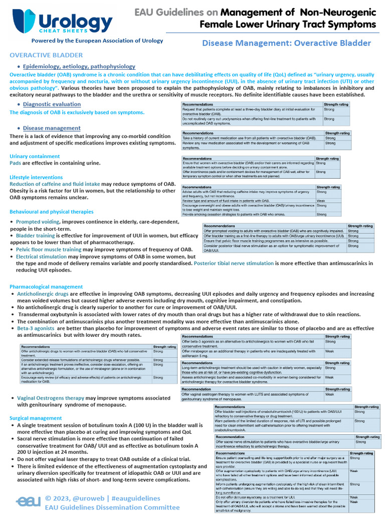 Cheat Sheet EAU Female LUTS II | PDF | Urinary Incontinence | Clinical ...