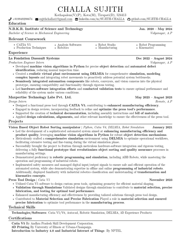 Mechanical Engineering Intern Profile | PDF | Simulation | Robot
