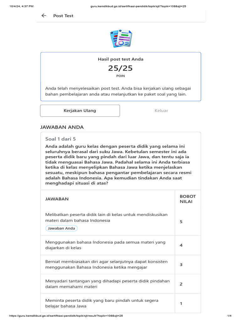 Hasil Post Test Pengajaran Guru | PDF