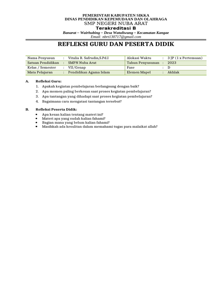 Refleksi Diri Guru dan Siswa SMPN Nuba Arat | PDF | Karier & Perkembangan