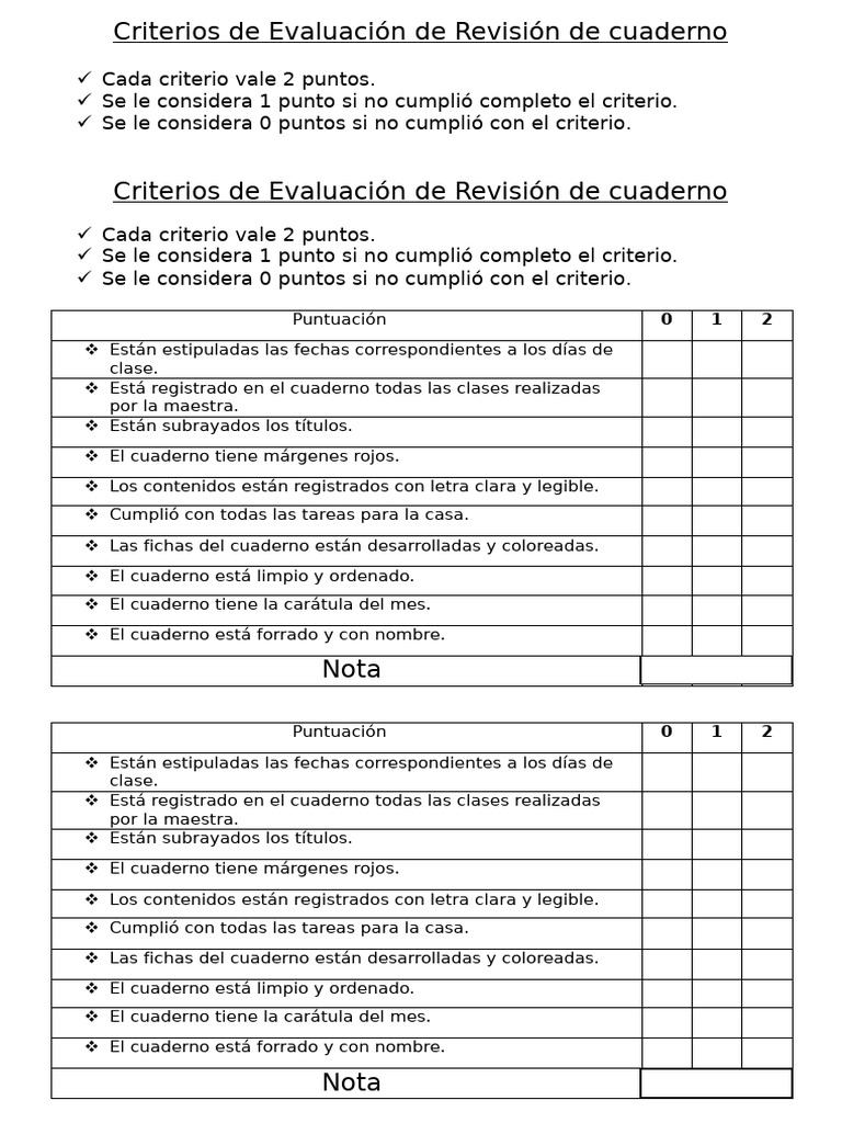 Criterios para Evaluar Cuadernos Escolares | PDF