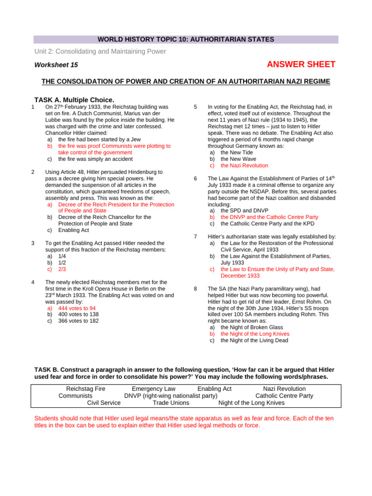 Paper 2 Worksheet 15 Answers PDF AdolfNazi Germany