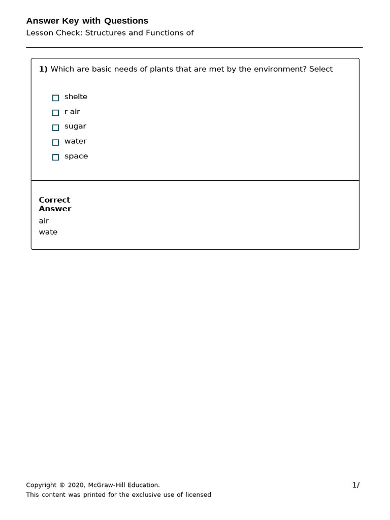 Lesson+Check+Answer+Key+Structures+and+Functions+of+Plants PDF Leaf