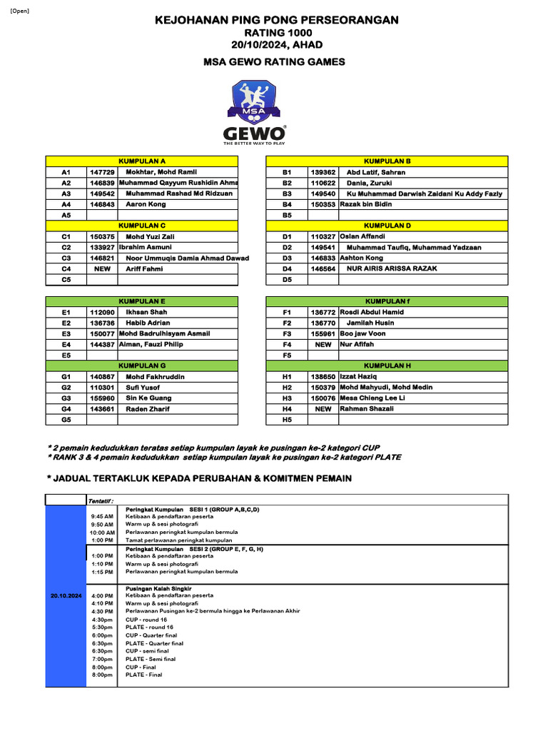 Ping Pong Tournament Schedule | PDF