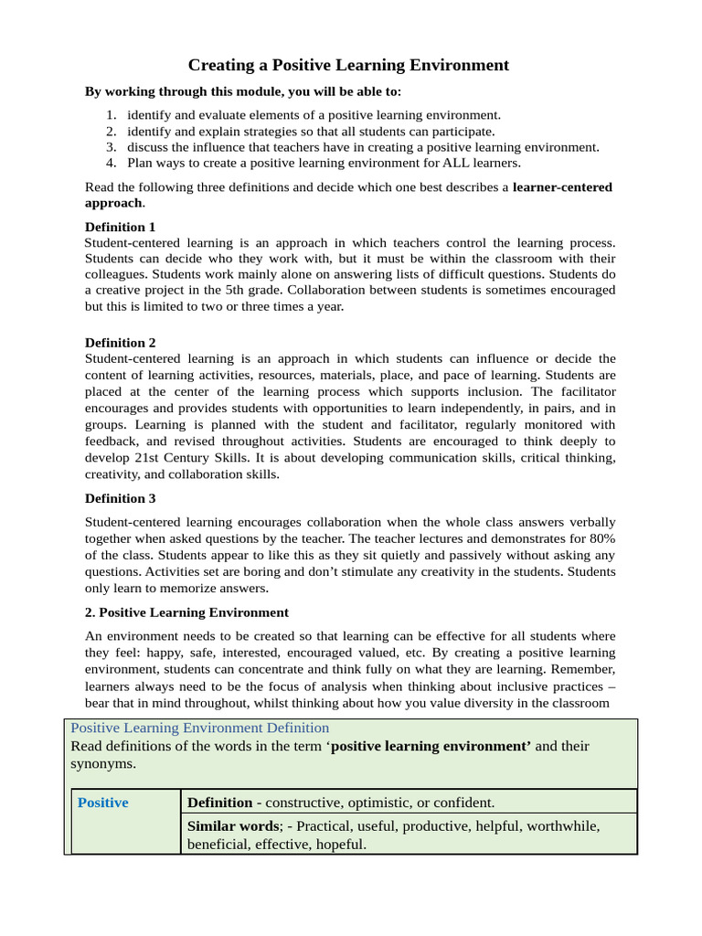Strategies for Positive Learning Environments | PDF | Learning | Classroom