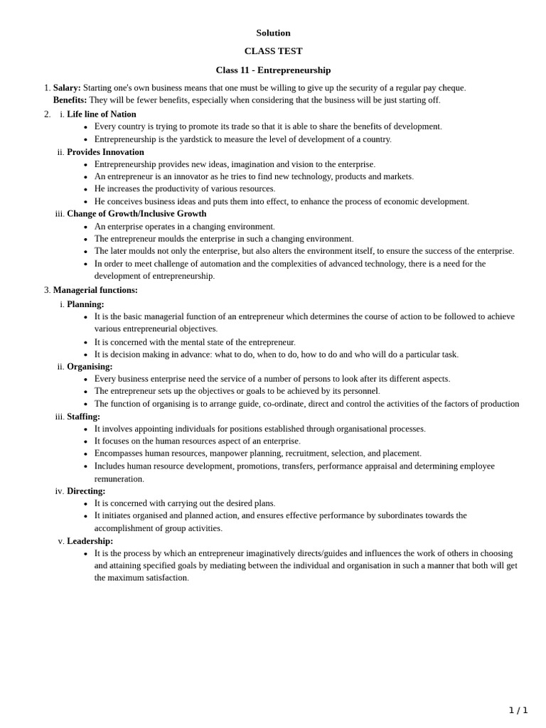 Class Test 1 Es Solution | PDF | Entrepreneurship | Human Resources
