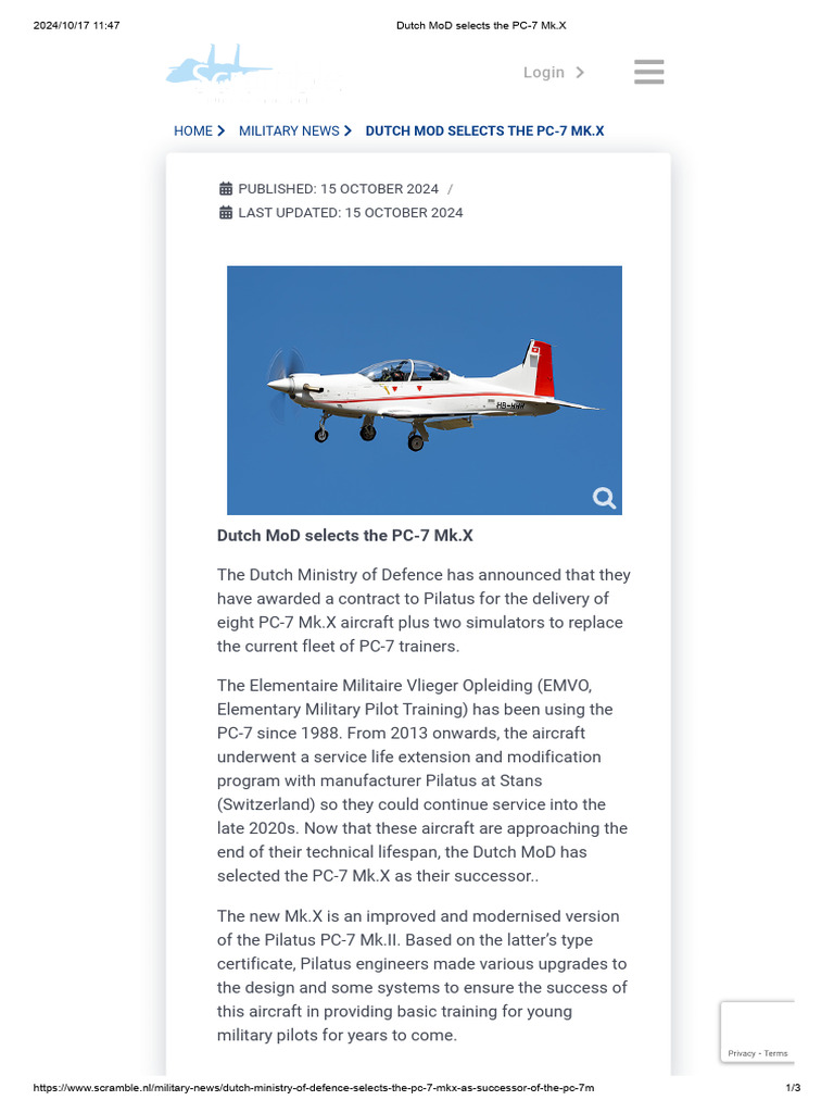 Dutch MoD Chooses PC-7 Mk.X Aircraft | PDF | Vehicle Design | Monoplane