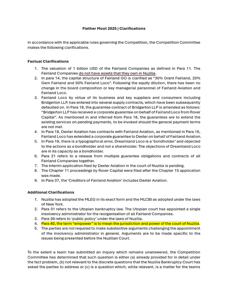Flether Moot 2025 Clarifications Guide | PDF | Bankruptcy | Insolvency