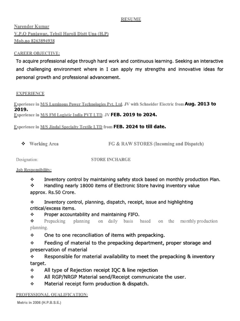 Narender Kumar - Store Incharge Resume | PDF | Law