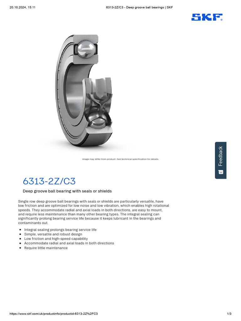 6313-2Z - C3 - Deep Groove Ball Bearings - SKF | PDF | Bearing ...