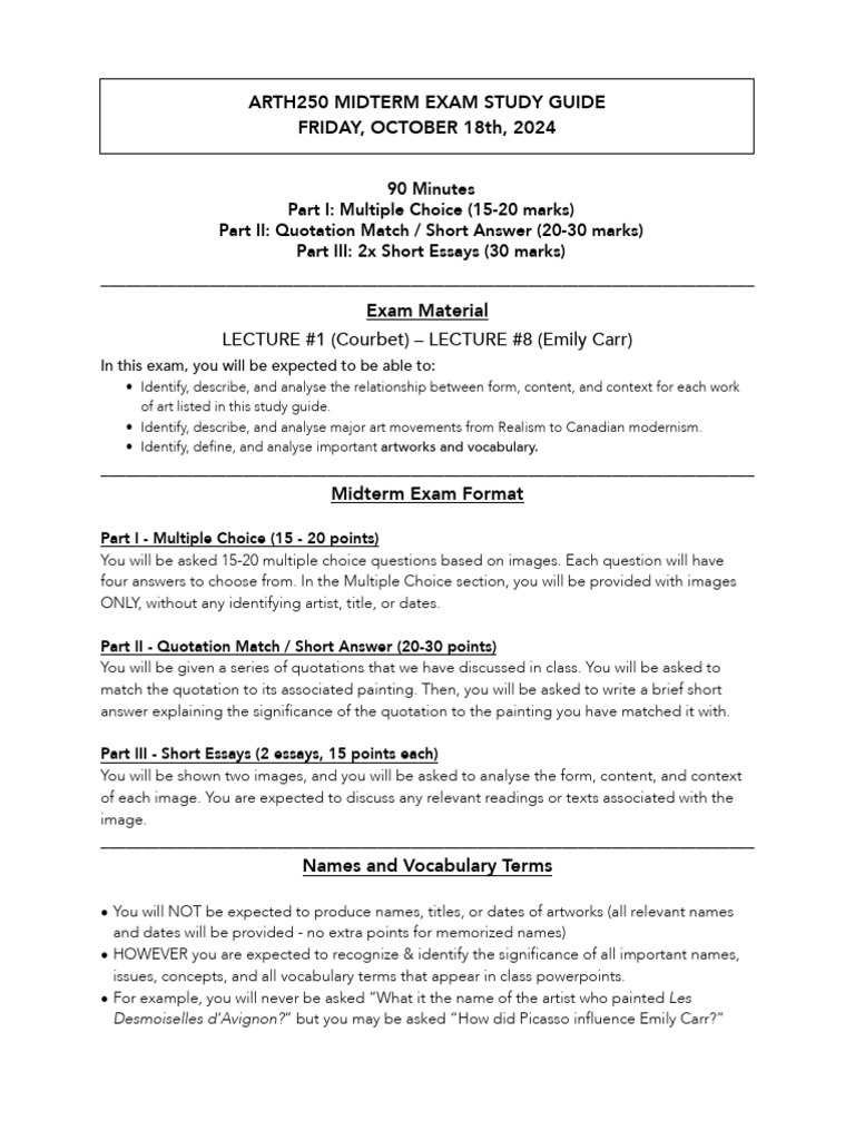 250 - Midterm Study Guide | PDF | Paul Gauguin | Vincent Van Gogh