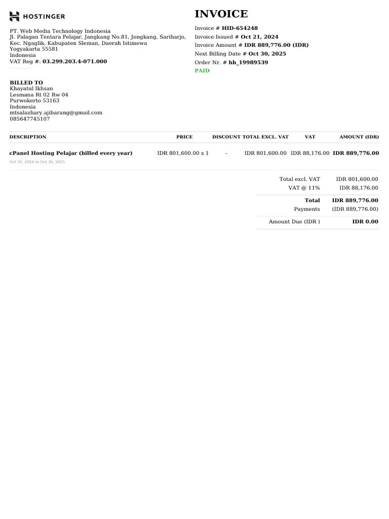 Invoice Pembayaran Hosting Mts | PDF