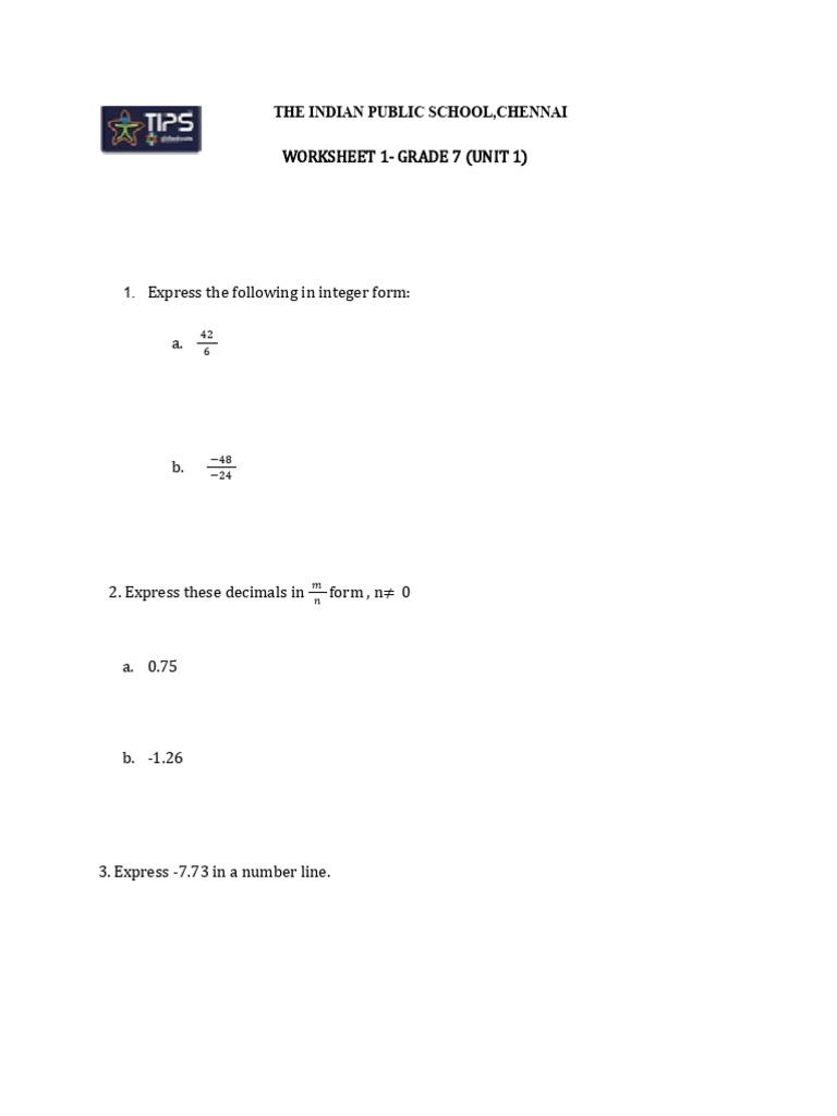 Worksheet 1 Grade 7 (SA 1) Unit 1 Revison | PDF | Elementary ...