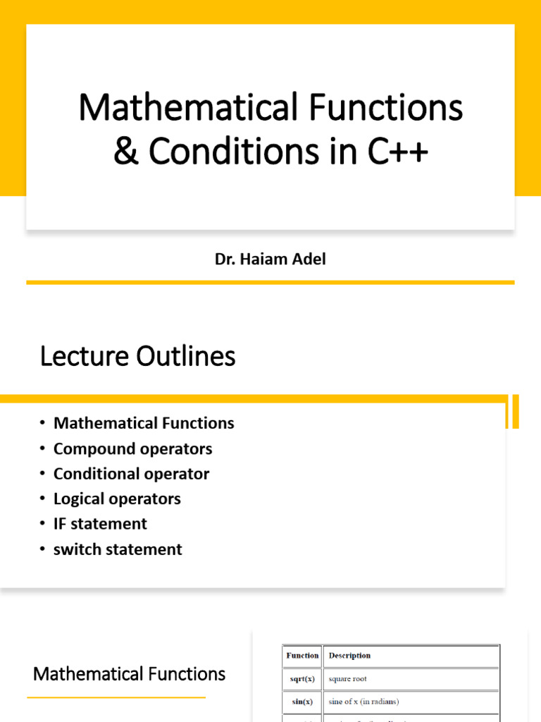 Mathematical Functions & Conditions in C++: Dr. Haiam Adel | PDF ...
