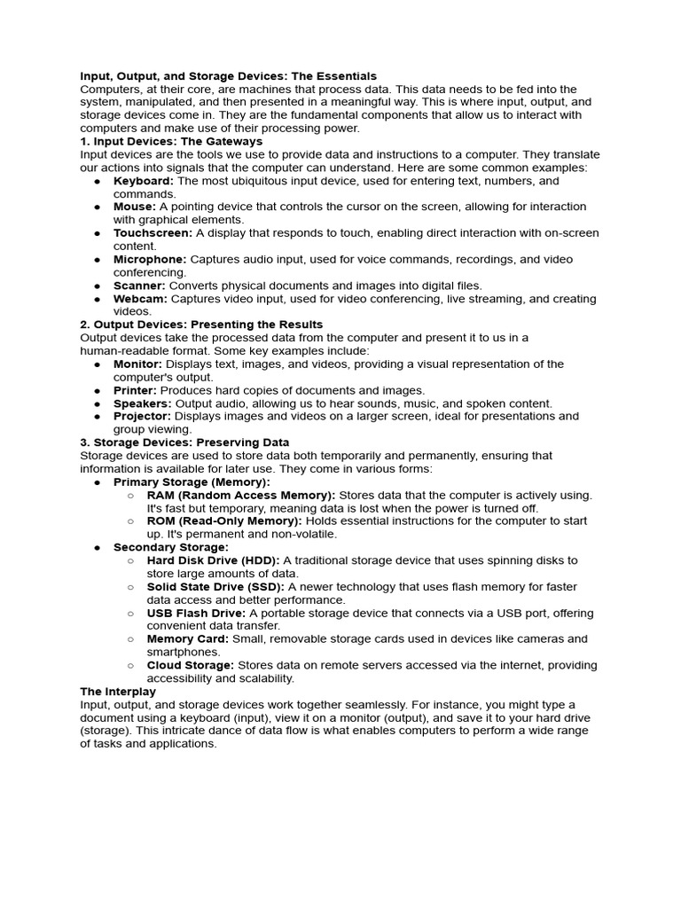 Input, Output and Storage Devices - Notes | PDF | Computer Data Storage ...