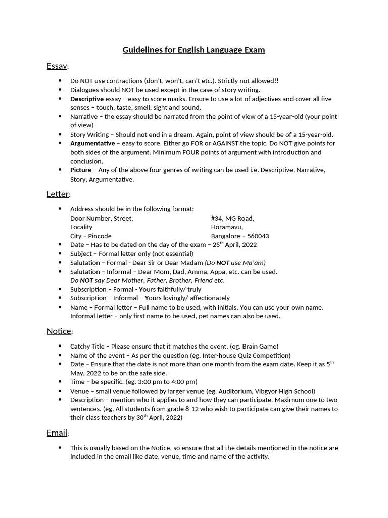 English Exam Writing Guidelines | PDF | Essays