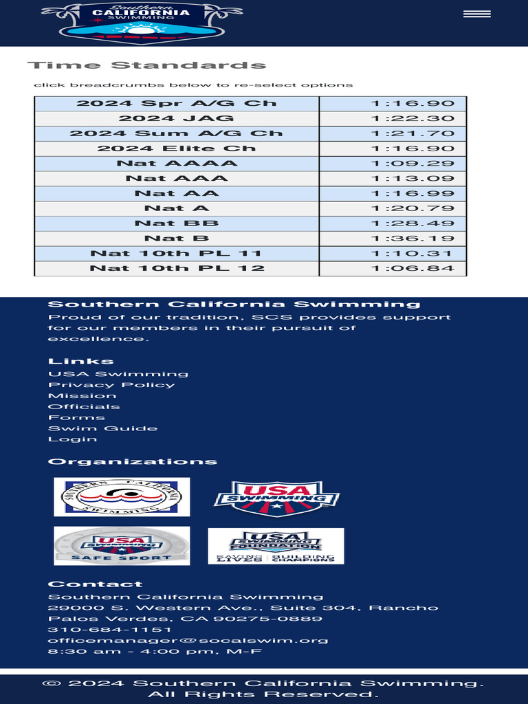 Official Time Standards Southern California Swimming PDF