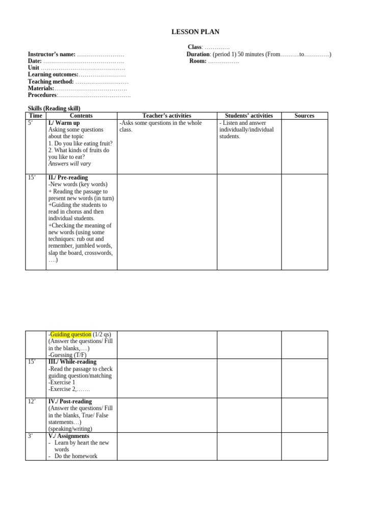 MẪU LESSON PLAN (tham khảo) PPGDTA2 | PDF | Language Arts & Discipline ...