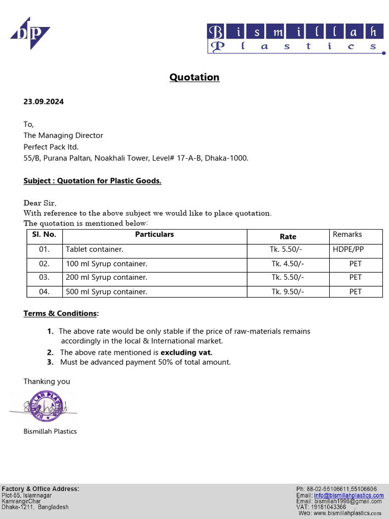 Quotation for Plastic Goods | PDF
