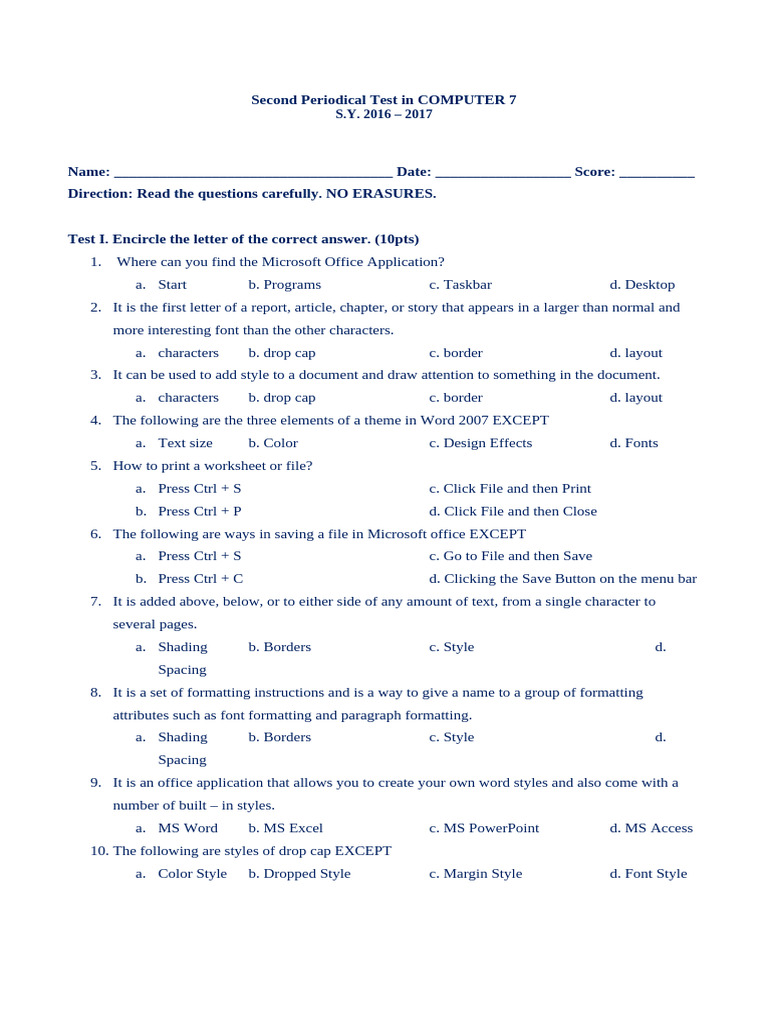 Computer 7 Periodical Test Guide | PDF | Page Layout | Typefaces