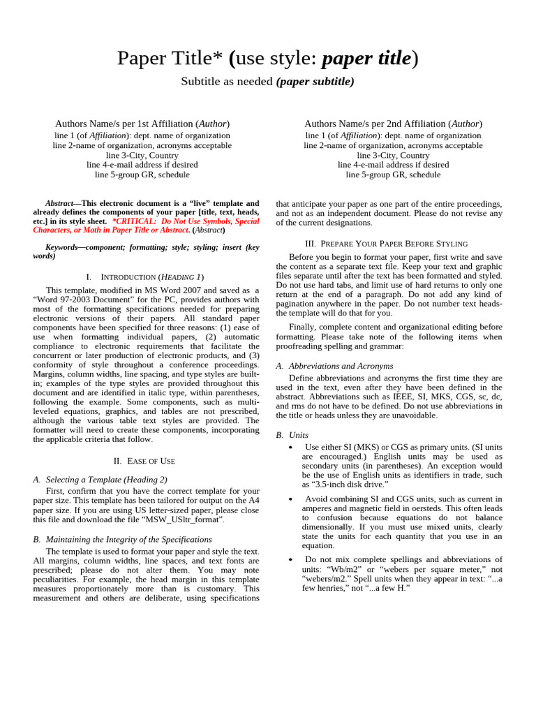 Paper Formatting Template Guide | PDF | Microsoft Word | Comma