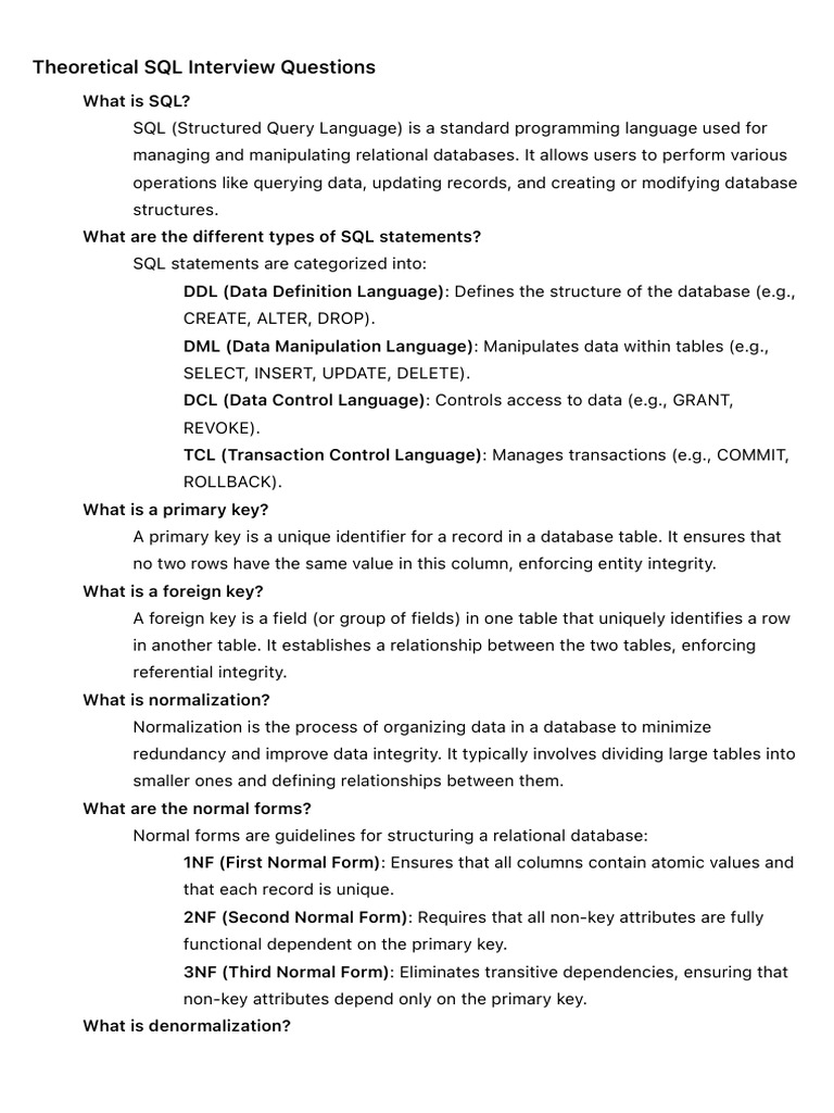 Theoretical SQL Interview Questions | PDF | Database Index | Relational ...
