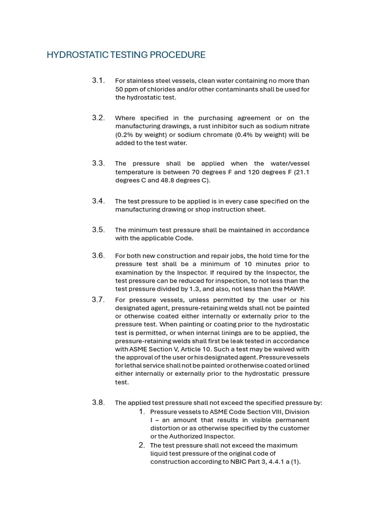 Hydrostatic Testing Procedure Guide | PDF | Pressure | Mechanical ...