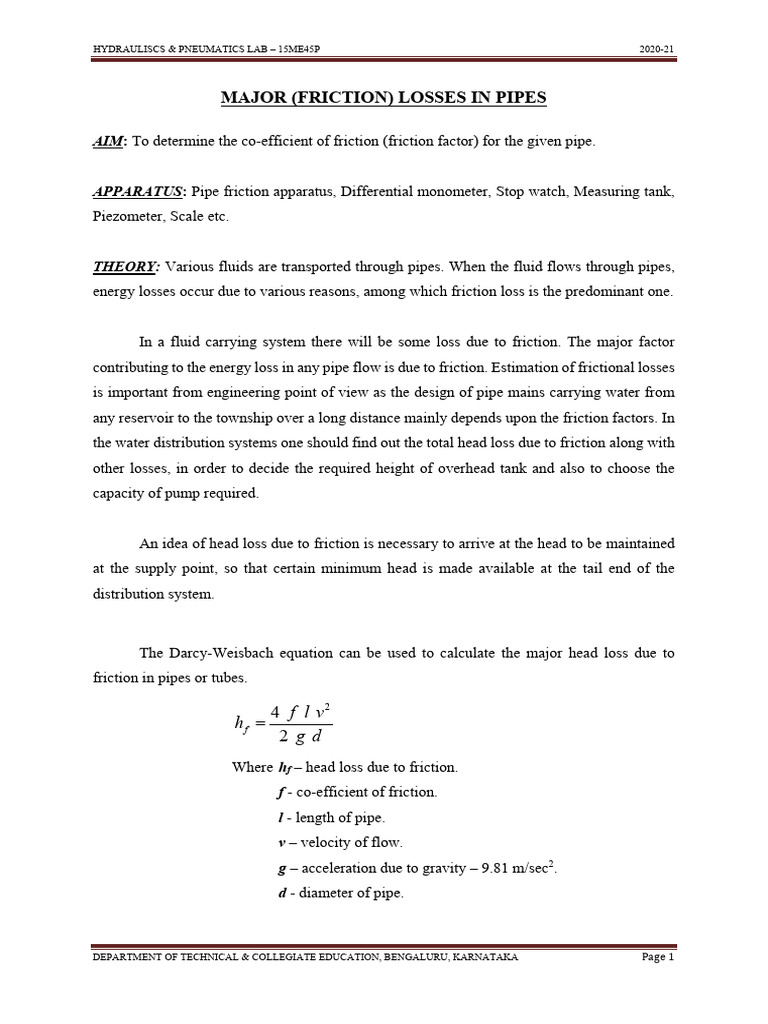 Major Friction Losses in Pipe Flow | PDF | Gases | Mechanical Engineering