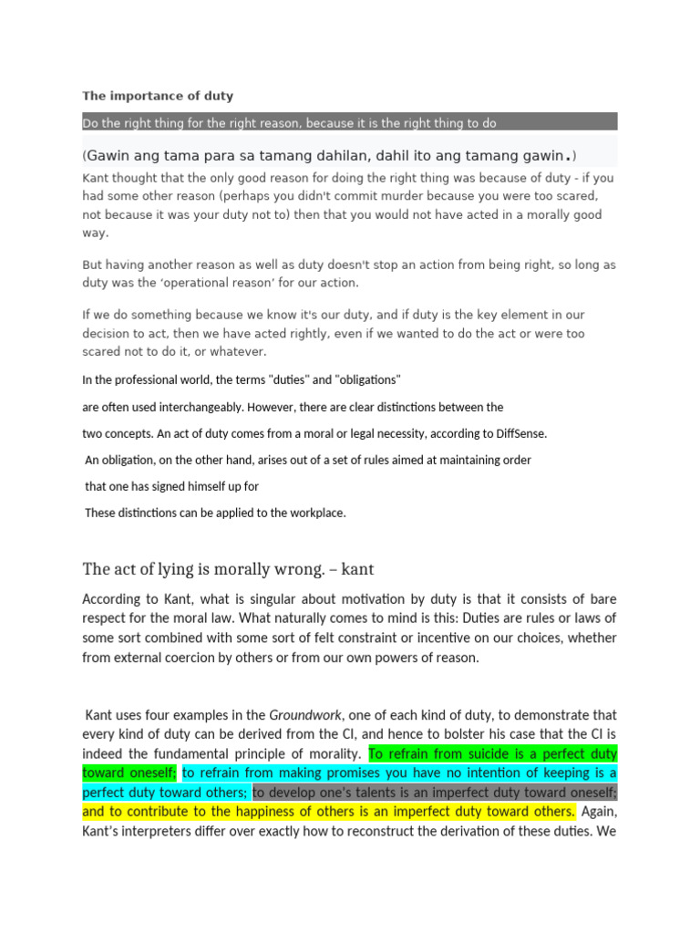 The importance of duty | PDF | Immanuel Kant