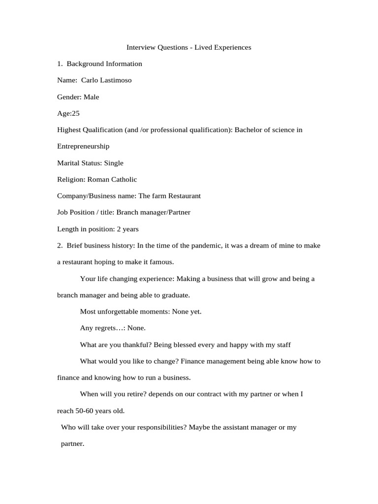 Lived Experiences Questions 1 | PDF | Business | Social Psychology