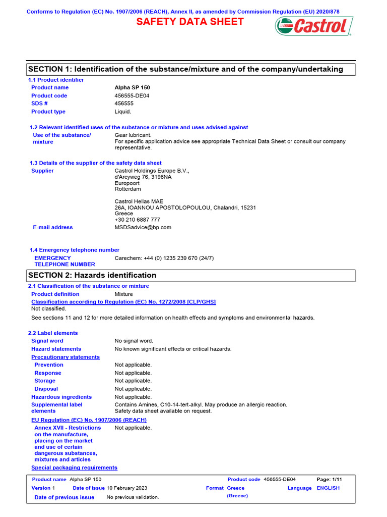 Alpha SP 150 Safety Data Sheet | PDF