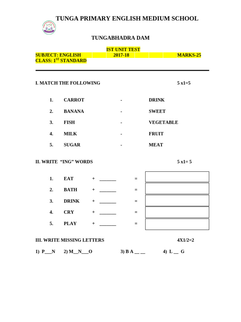 1st Standard Unit Test Papers 2017-18 | PDF | Foods