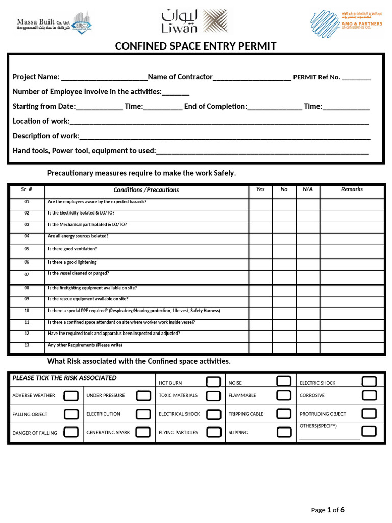 Confined Space Entry Permit | PDF | Safety | Occupational Safety And Health