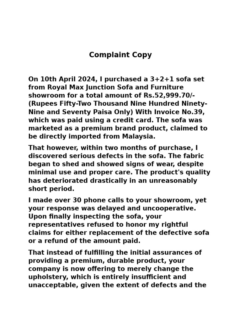 Defective Sofa Complaint Letter | PDF