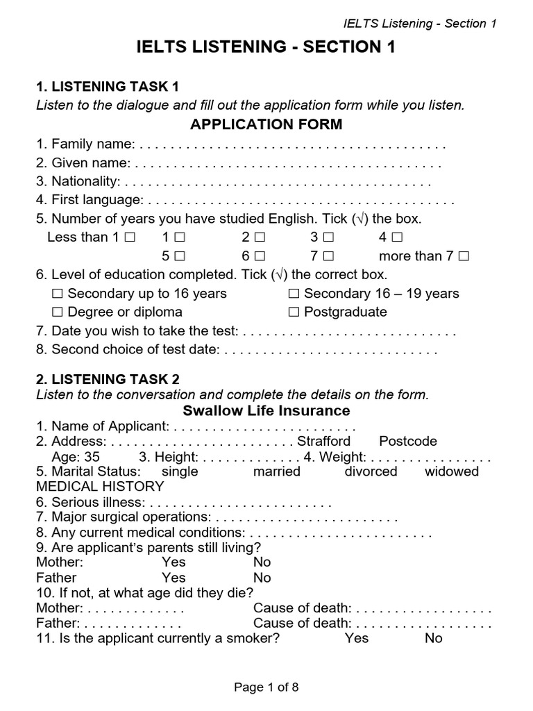 IELTS Listening Section 1 Tasks Overview | PDF | International English ...