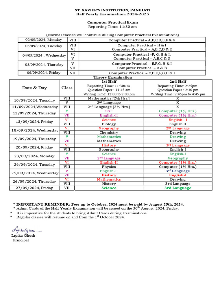 St. Xavier's Half Yearly Exam Schedule 2024 | PDF | Science