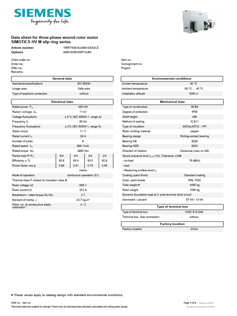 SIMOTICS HV M Slip Ring Motor Data Sheet | PDF | Electric Motor ...