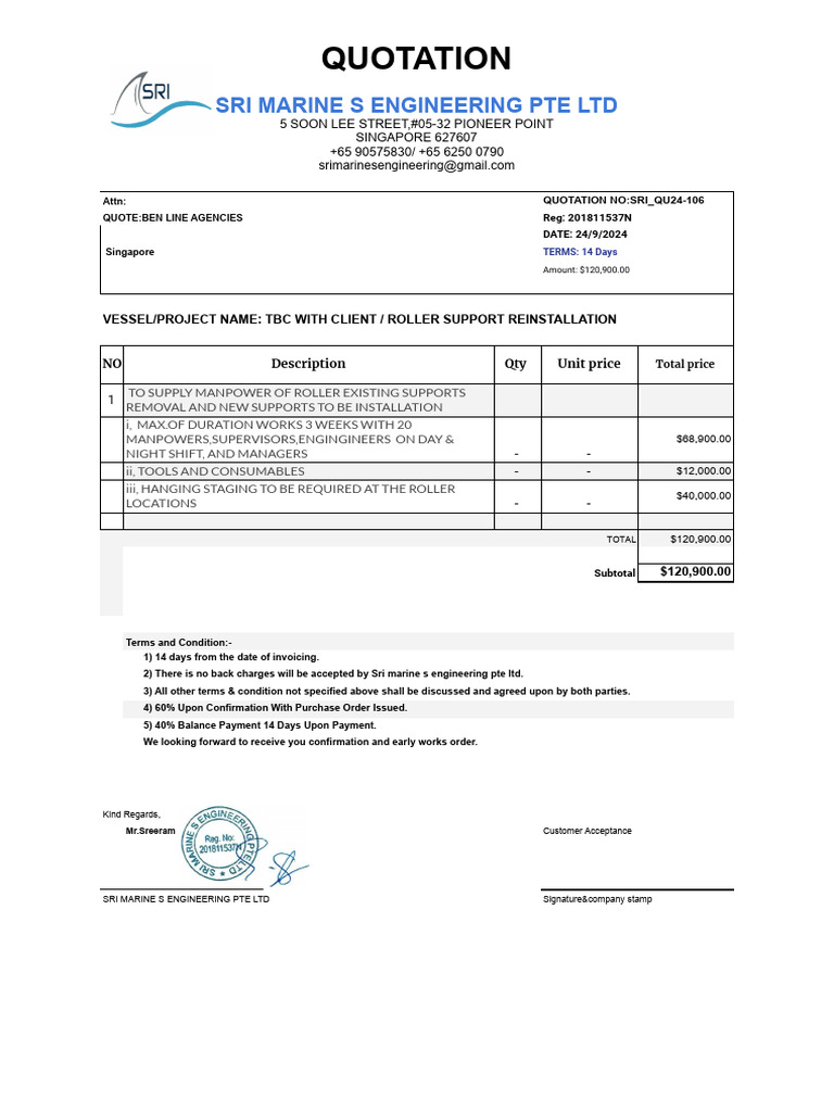 Quotation for Roller Support Reinstallation | PDF | Business